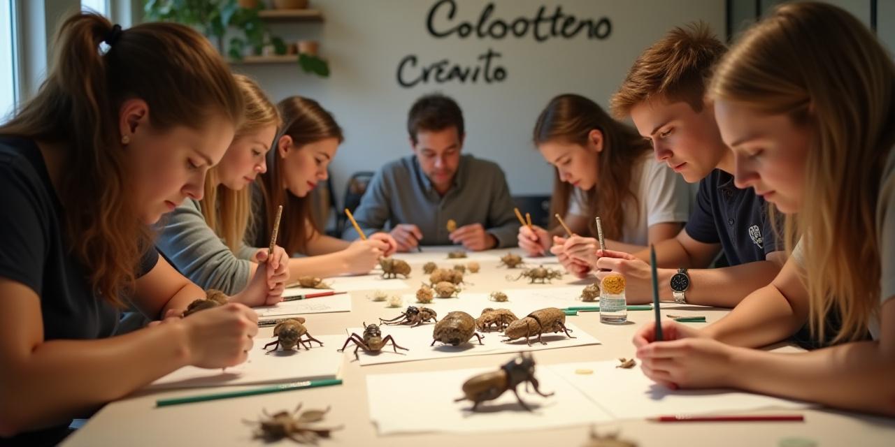 Un gruppo di persone concentrate durante un workshop d'arte, disegnando da modelli di insetti.